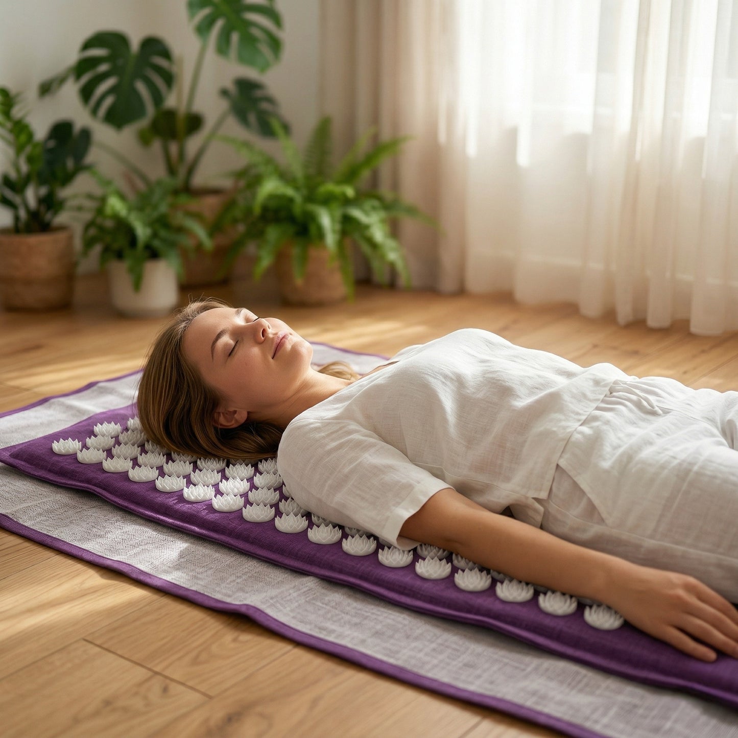 Tapis acupression posé sur le sol ambiance bien-être — Recovly