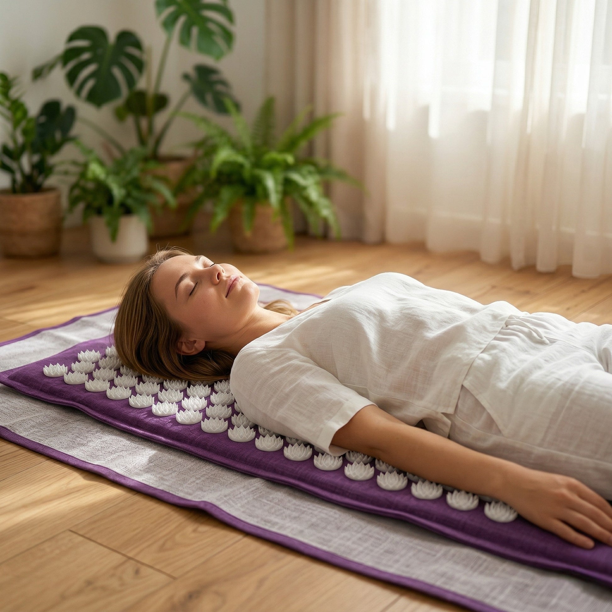 Tapis acupression posé sur le sol ambiance bien-être — Recovly
